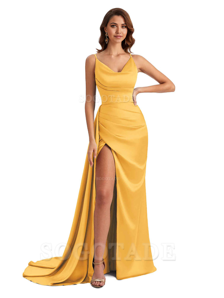 Mermaid Cowl Spaghetti Satin formal dresses evening gown Bridesmaid Dresses With Side Slit