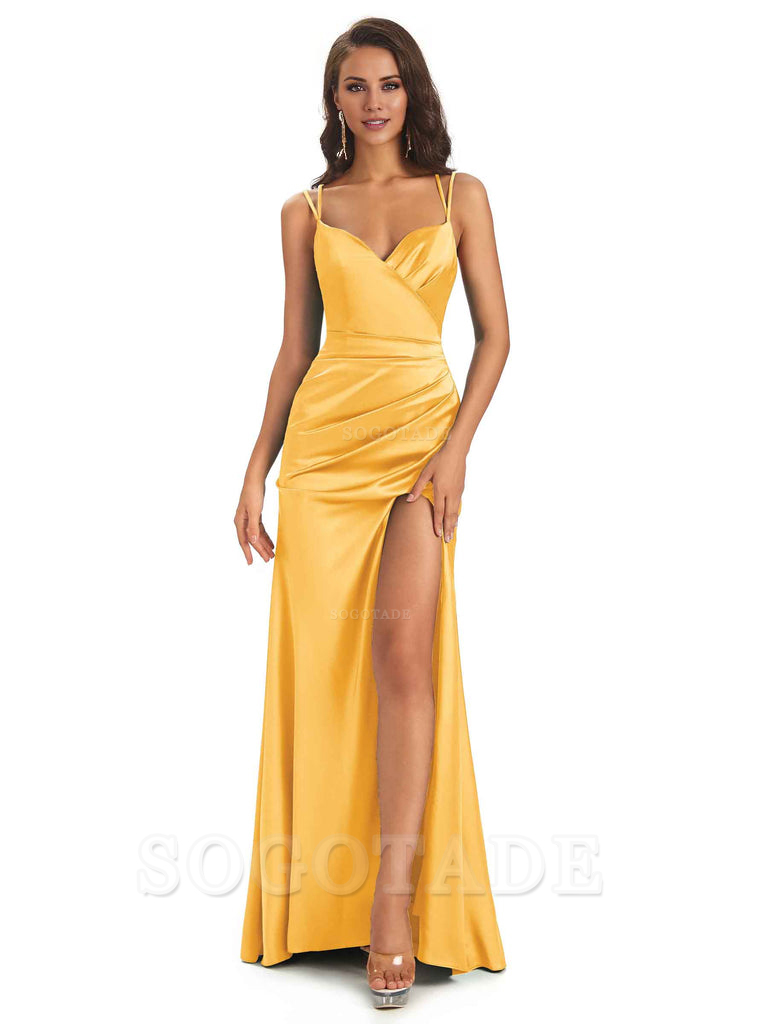 Sexy Soft Satin Side Slit Spaghetti Straps Long Maxi Mermaid Bridesmaid Dresses Elegant Evening Party Dress