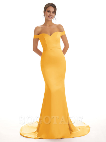 Elegant Off The Shoulder Satin Long Mermaid Bridesmaid Dresses