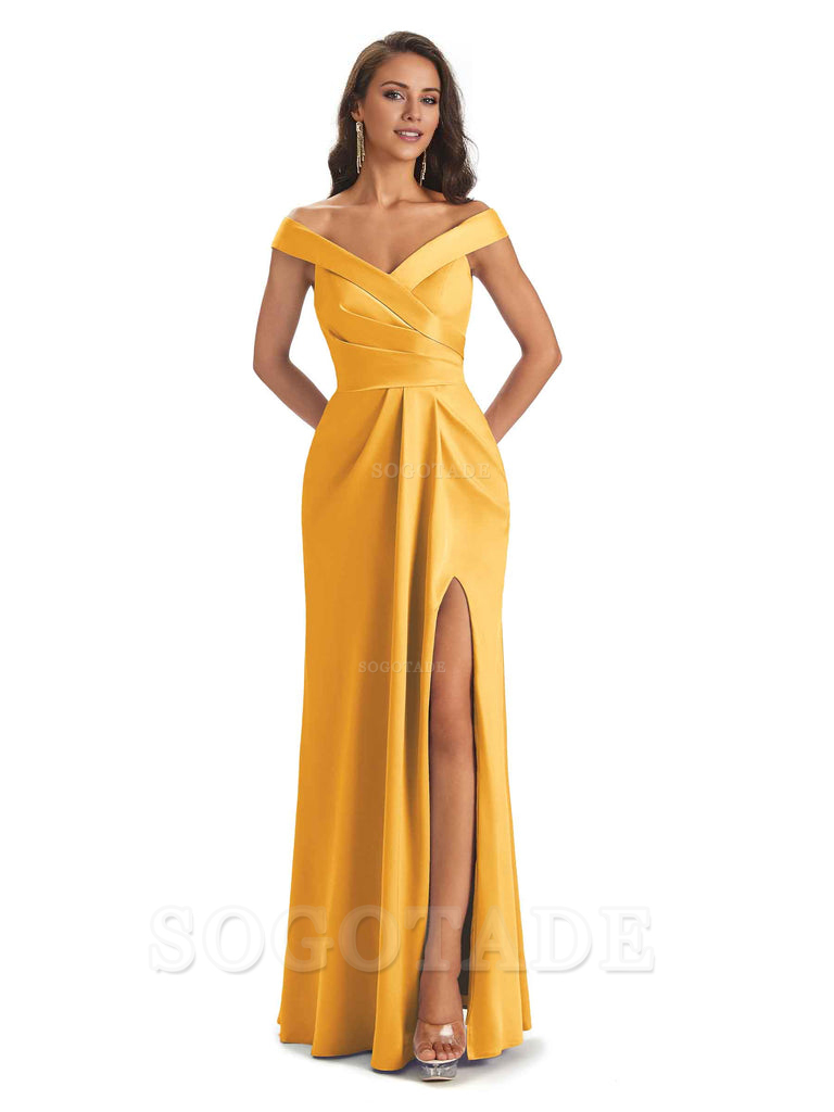 Sexy Soft Side Slit Off Shoulder V-Neck Long Satin Ladies Bridesmaid Dresses Elegant Evening Party Dress