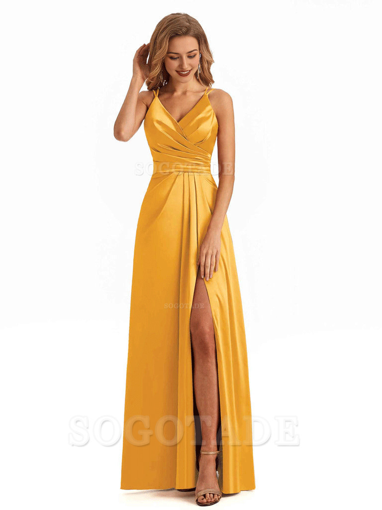 Soft Satin A-Line Spaghetti Straps V Neck Side Slit Maxi Long Bridesmaid Dresses