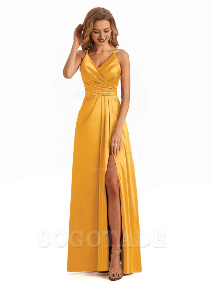 Soft Satin A-Line Spaghetti Straps V Neck Side Slit Maxi Long Bridesmaid Dresses