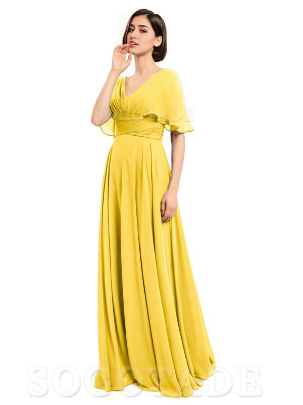  V-Neck Cap Sleeves Sleeves Chiffon Long Elegant Bridesmaid Dresses Formal Wear Dresses