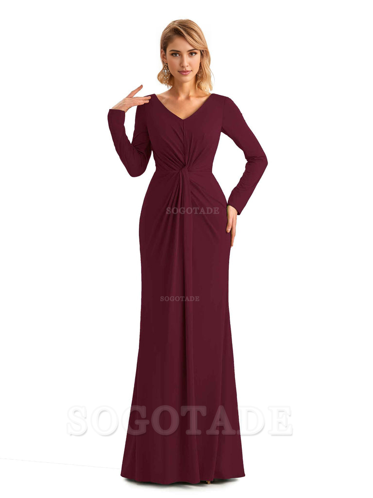 Elegant Simple Mermaid Pleats V-neck Long-Sleeves Floor Length Long Formal Bridesmaid Dresses