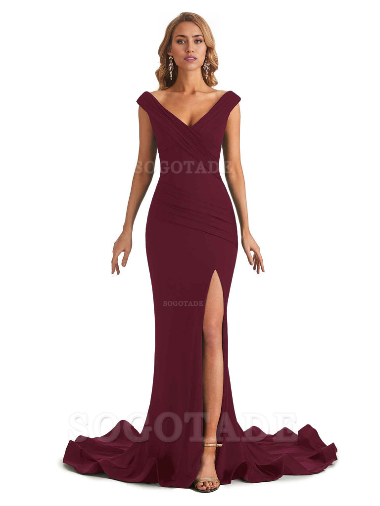 Sexy Mermaid V-Neck Off The Shoulder Side Fork Long Fashion Bridesmaid Dresses Formal Women's Dresses Wedding Guests Dresses