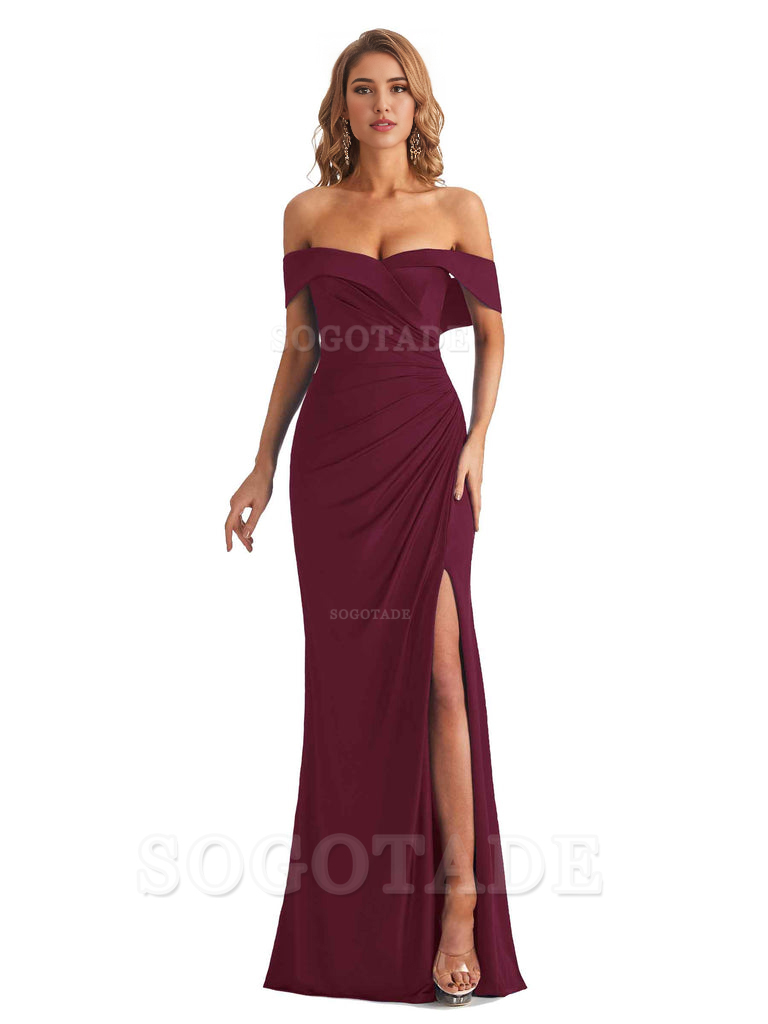 Sexy Mermaid Cultivate oneself Off The Shoulder Pleated Side Slit Long Bridesmaid Dresses Formal Women's Dresses Wedding Guests Dresses