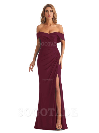 Sexy Mermaid Cultivate oneself Off The Shoulder Pleated Side Slit Long Bridesmaid Dresses Formal Women's Dresses Wedding Guests Dresses