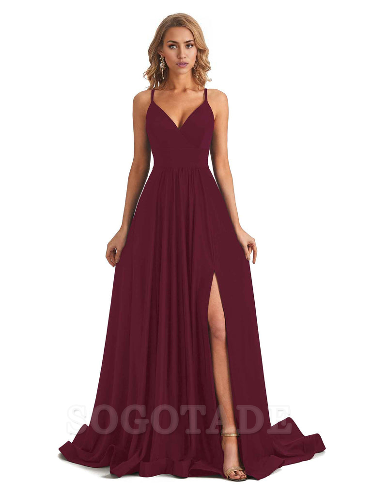Elegant Spaghetti Straps A-Line Long Formal Bridesmaid Dresses With Side Slit Stretchy Jersey Elegant Evening Party Dress