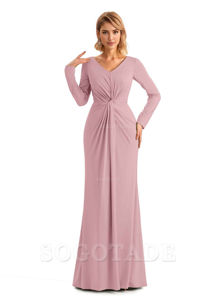 Elegant Simple Mermaid Pleats V-neck Long-Sleeves Floor Length Long Formal Bridesmaid Dresses