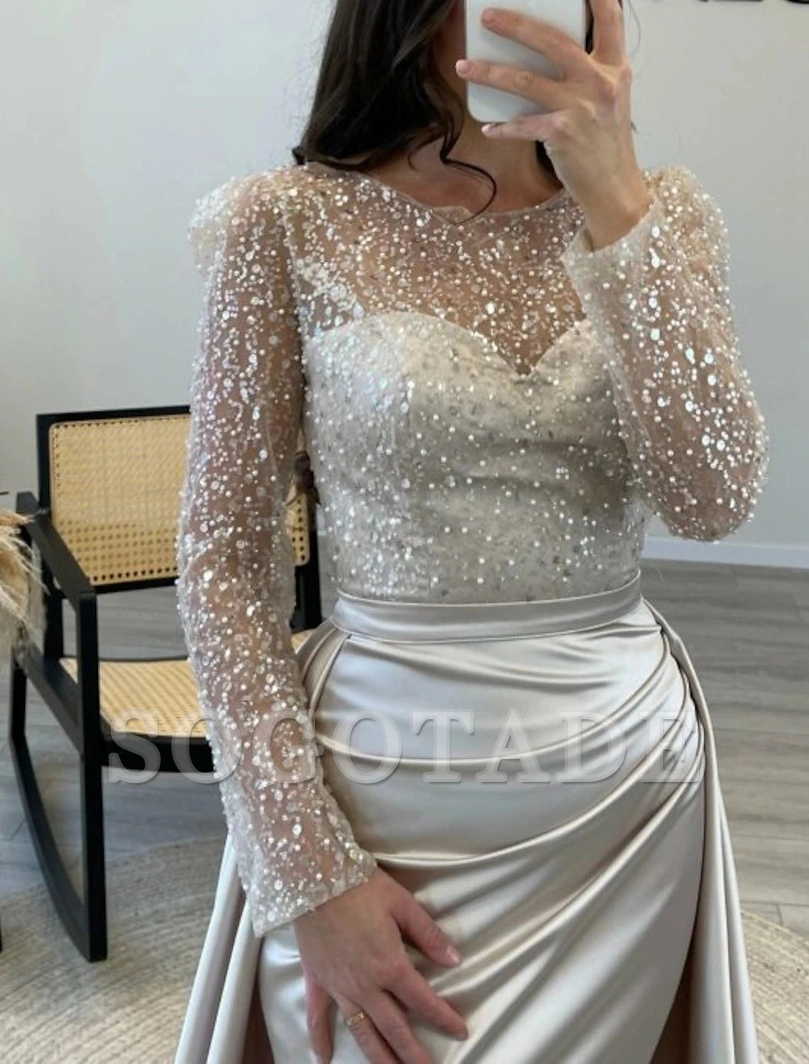 Mermaid Sequin Evening Gown Ruched Satin Dress Long Sleeves Floor Length Sparkle Illusion Neck Fall Wedding Guest Dress with Pearls Overskirt