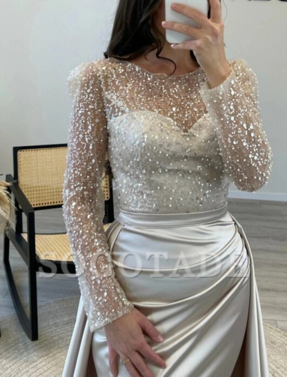 Mermaid Sequin Evening Gown Ruched Satin Dress Long Sleeves Floor Length Sparkle Illusion Neck Fall Wedding Guest Dress with Pearls Overskirt