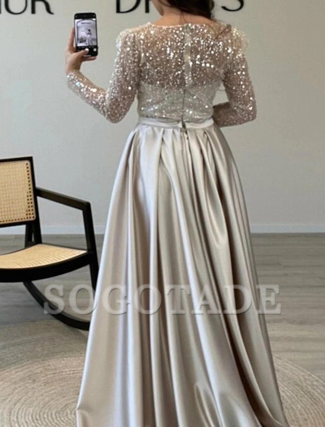 Mermaid Sequin Evening Gown Ruched Satin Dress Long Sleeves Floor Length Sparkle Illusion Neck Fall Wedding Guest Dress with Pearls Overskirt