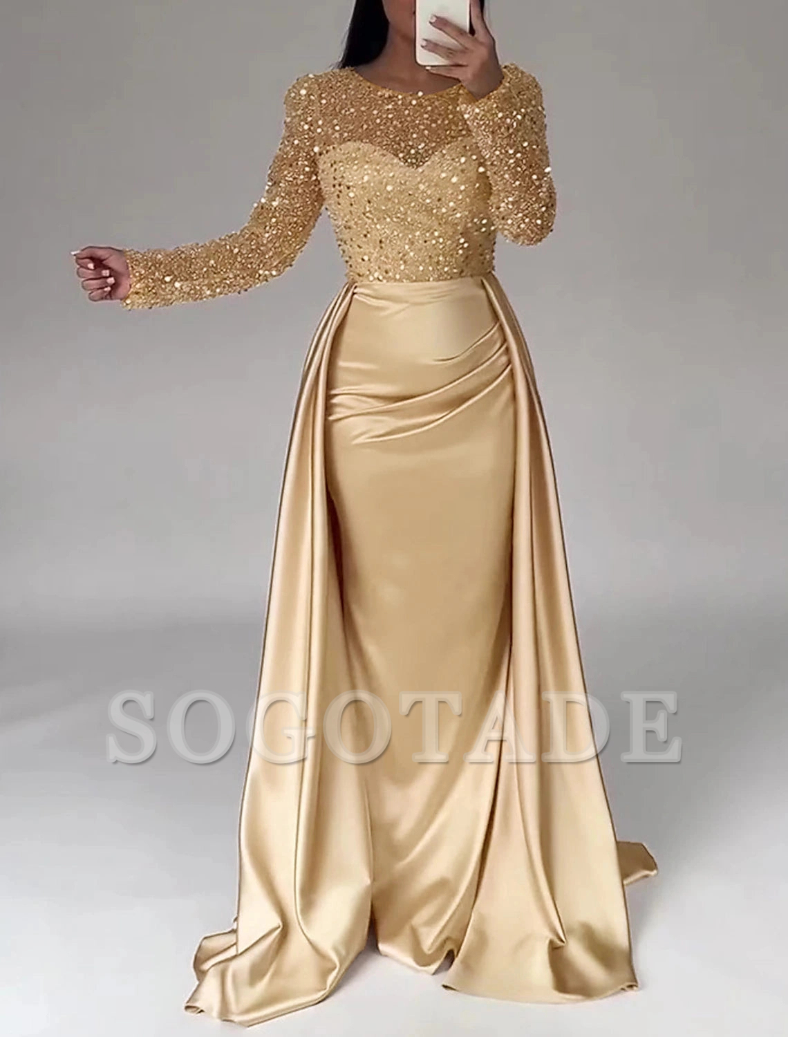 Mermaid Sequin Evening Gown Ruched Satin Dress Long Sleeves Floor Length Sparkle Illusion Neck Fall Wedding Guest Dress with Pearls Overskirt