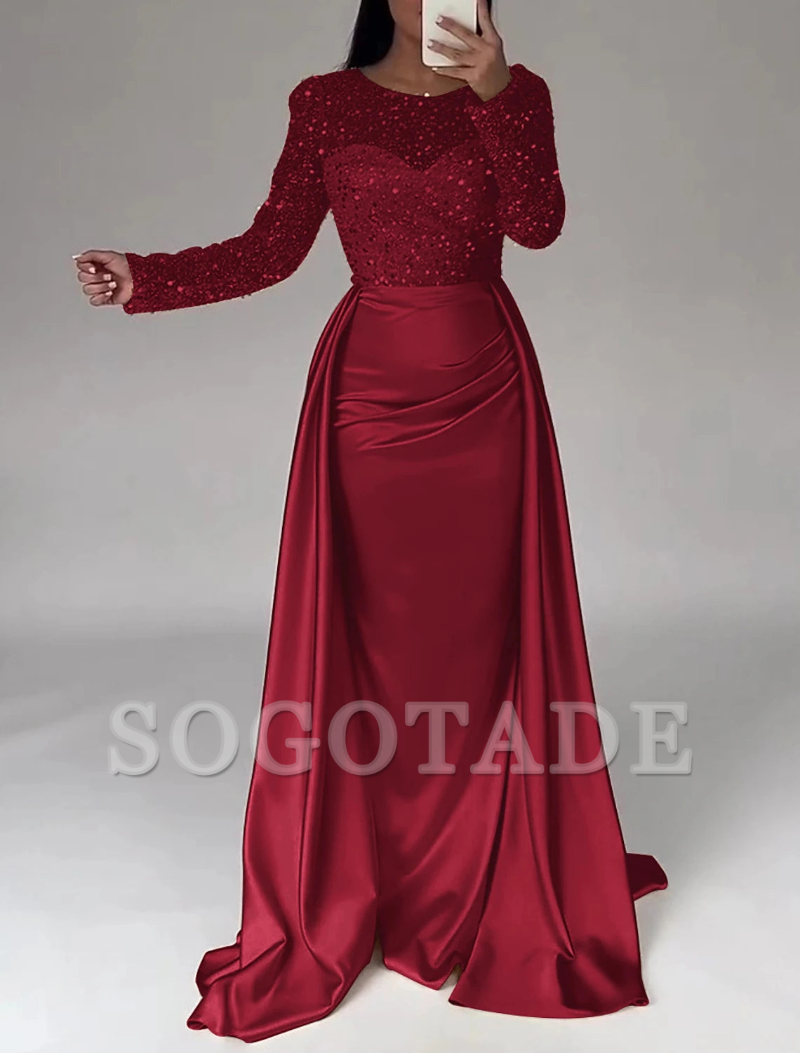 Mermaid Sequin Evening Gown Ruched Satin Dress Long Sleeves Floor Length Sparkle Illusion Neck Fall Wedding Guest Dress with Pearls Overskirt