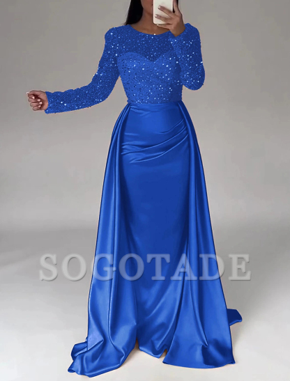 Mermaid Sequin Evening Gown Ruched Satin Dress Long Sleeves Floor Length Sparkle Illusion Neck Fall Wedding Guest Dress with Pearls Overskirt