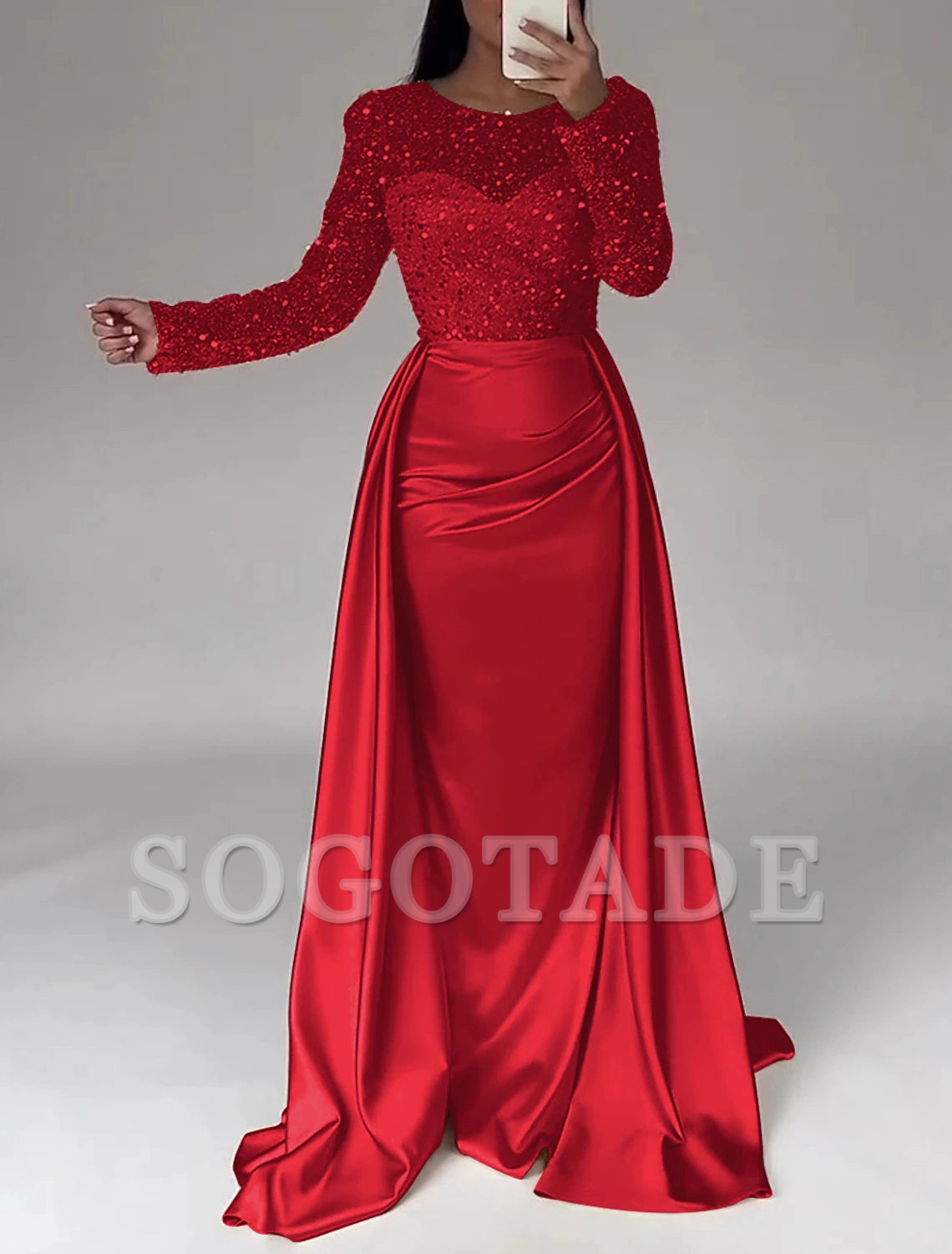 Mermaid Sequin Evening Gown Ruched Satin Dress Long Sleeves Floor Length Sparkle Illusion Neck Fall Wedding Guest Dress with Pearls Overskirt