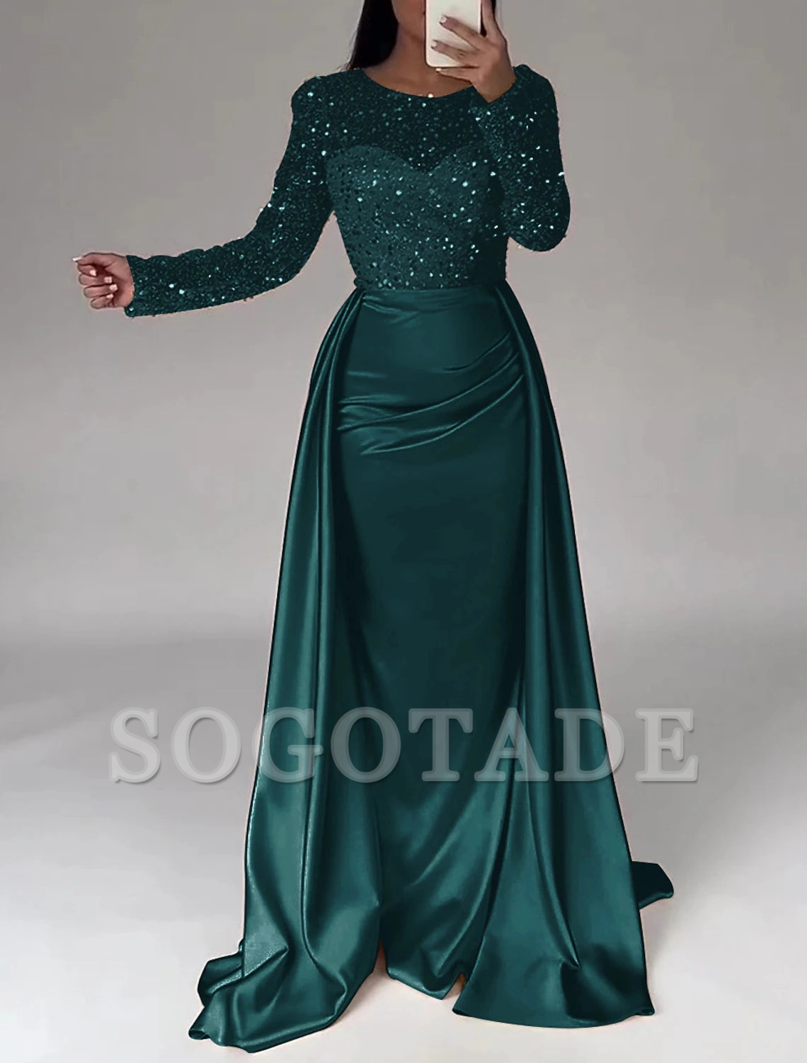 Mermaid Sequin Evening Gown Ruched Satin Dress Long Sleeves Floor Length Sparkle Illusion Neck Fall Wedding Guest Dress with Pearls Overskirt