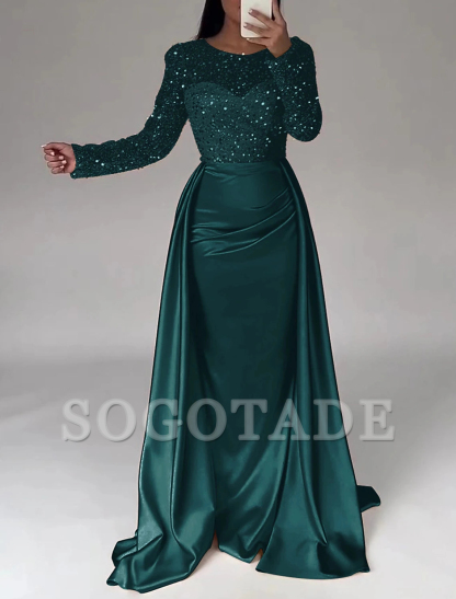 Mermaid Sequin Evening Gown Ruched Satin Dress Long Sleeves Floor Length Sparkle Illusion Neck Fall Wedding Guest Dress with Pearls Overskirt