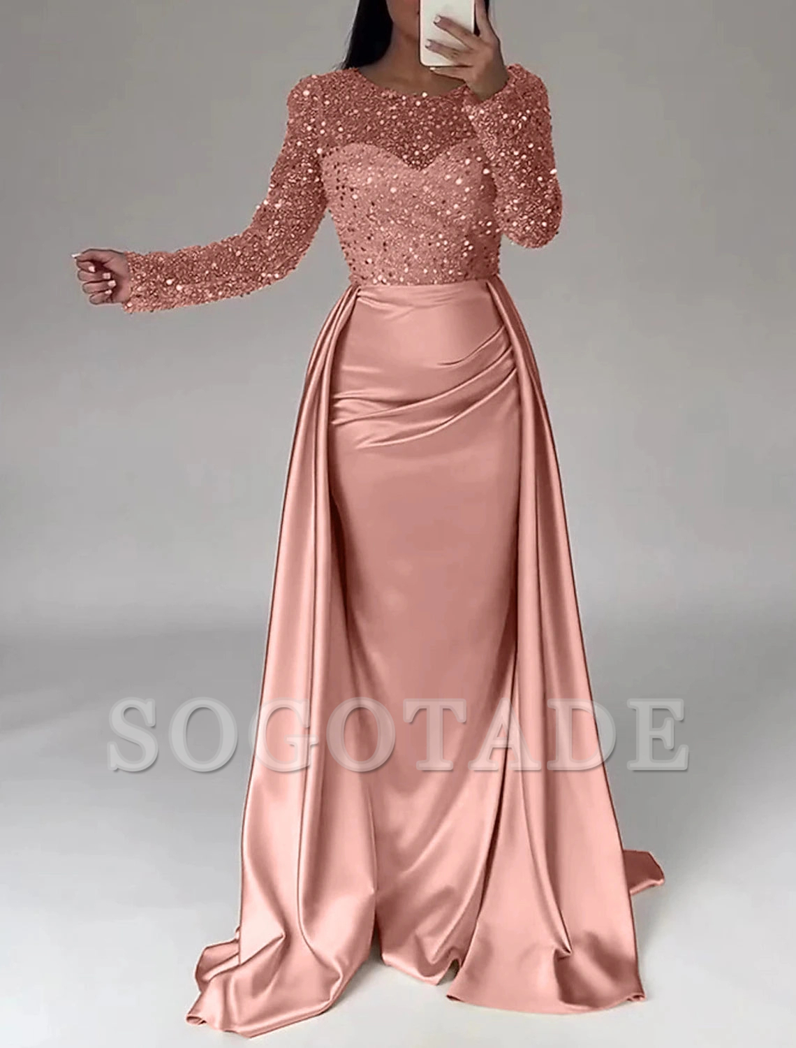 Mermaid Sequin Evening Gown Ruched Satin Dress Long Sleeves Floor Length Sparkle Illusion Neck Fall Wedding Guest Dress with Pearls Overskirt