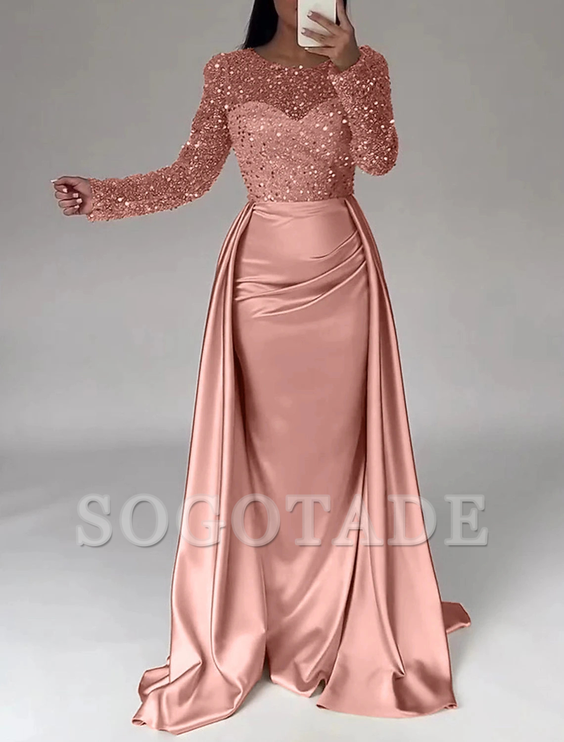 Mermaid Sequin Evening Gown Ruched Satin Dress Long Sleeves Floor Length Sparkle Illusion Neck Fall Wedding Guest Dress with Pearls Overskirt