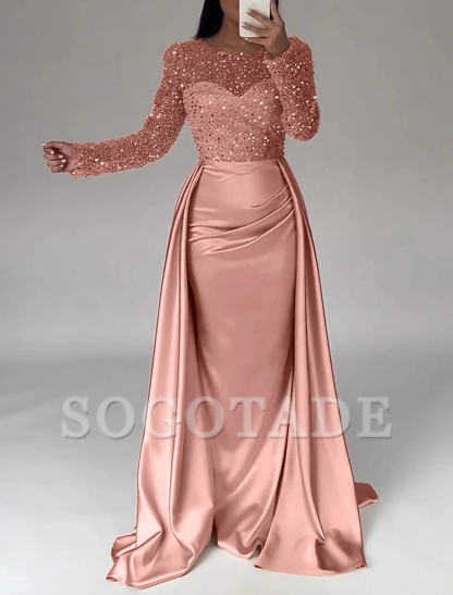 Mermaid Sequin Evening Gown Ruched Satin Dress Long Sleeves Floor Length Sparkle Illusion Neck Fall Wedding Guest Dress with Pearls Overskirt