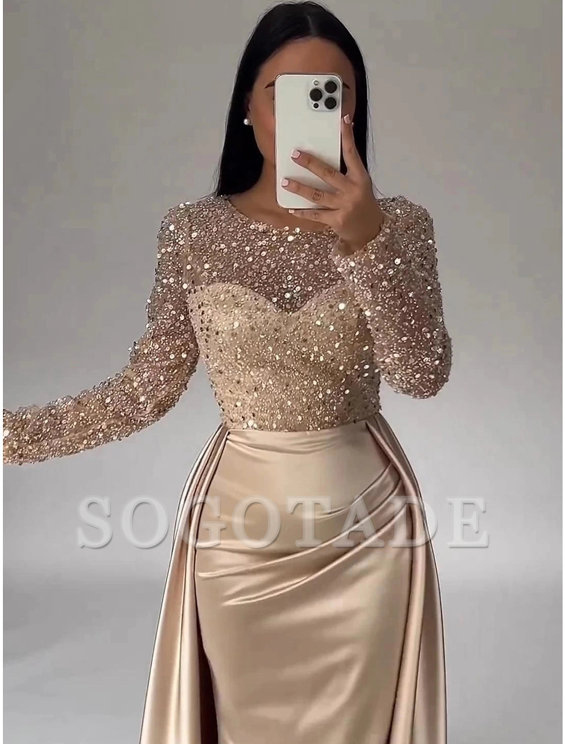 Mermaid Sequin Evening Gown Ruched Satin Dress Long Sleeves Floor Length Sparkle Illusion Neck Fall Wedding Guest Dress with Pearls Overskirt
