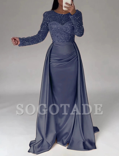 Mermaid Sequin Evening Gown Ruched Satin Dress Long Sleeves Floor Length Sparkle Illusion Neck Fall Wedding Guest Dress with Pearls Overskirt