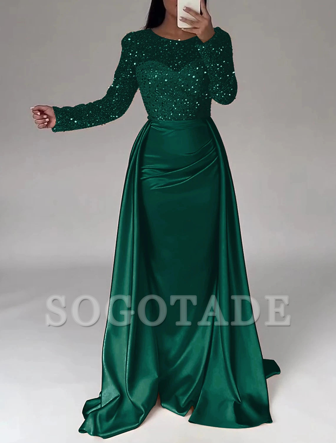 Mermaid Sequin Evening Gown Ruched Satin Dress Long Sleeves Floor Length Sparkle Illusion Neck Fall Wedding Guest Dress with Pearls Overskirt