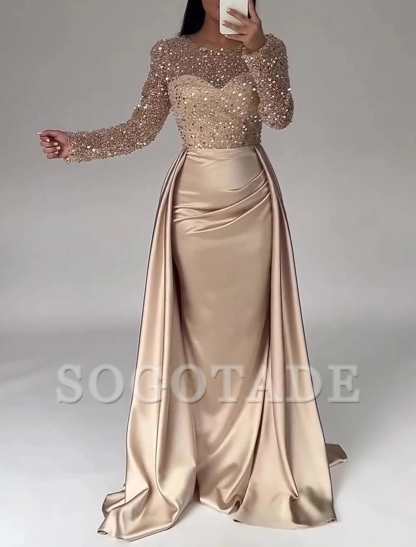 Mermaid Sequin Evening Gown Ruched Satin Dress Long Sleeves Floor Length Sparkle Illusion Neck Fall Wedding Guest Dress with Pearls Overskirt