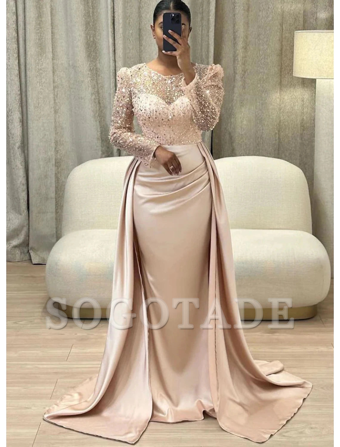 Mermaid Sequin Evening Gown Ruched Satin Dress Long Sleeves Floor Length Sparkle Illusion Neck Fall Wedding Guest Dress with Pearls Overskirt