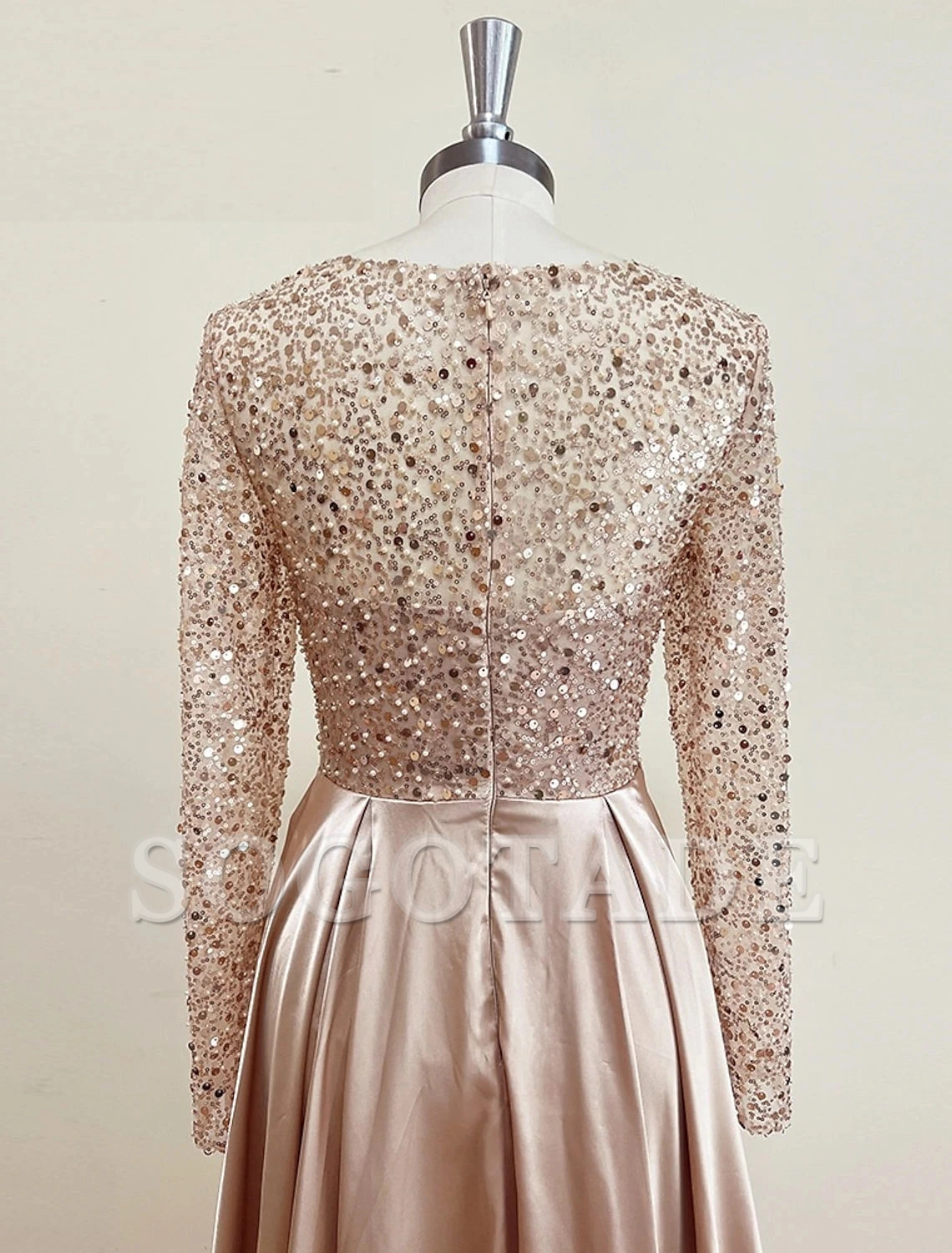 Mermaid Sequin Evening Gown Ruched Satin Dress Long Sleeves Floor Length Sparkle Illusion Neck Fall Wedding Guest Dress with Pearls Overskirt