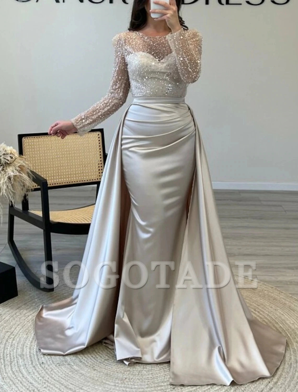 Mermaid Sequin Evening Gown Ruched Satin Dress Long Sleeves Floor Length Sparkle Illusion Neck Fall Wedding Guest Dress with Pearls Overskirt