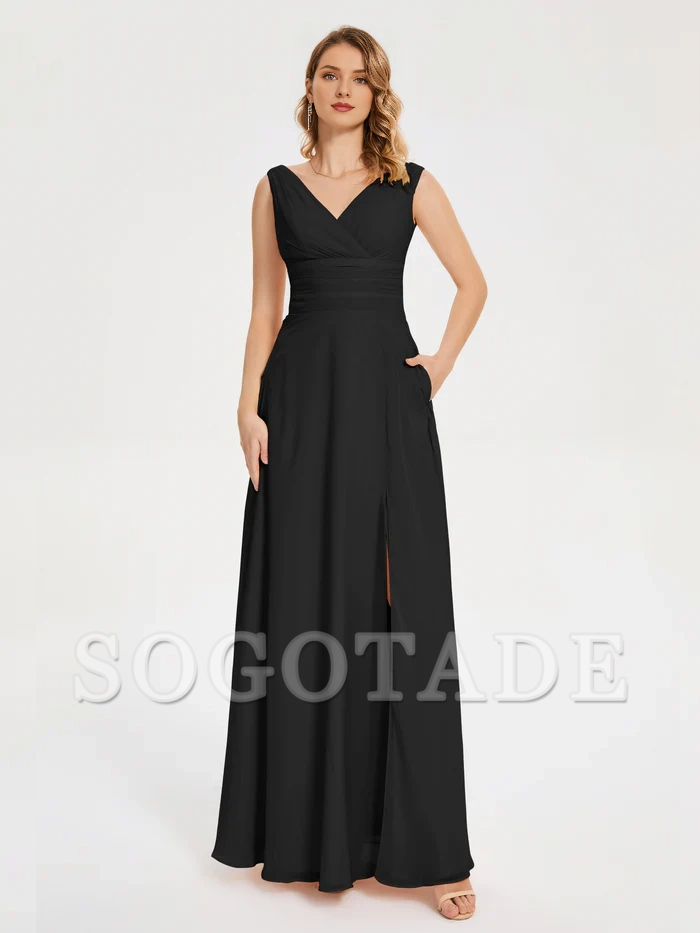 Minimally designed V-neck pocket bridesmaid dress
