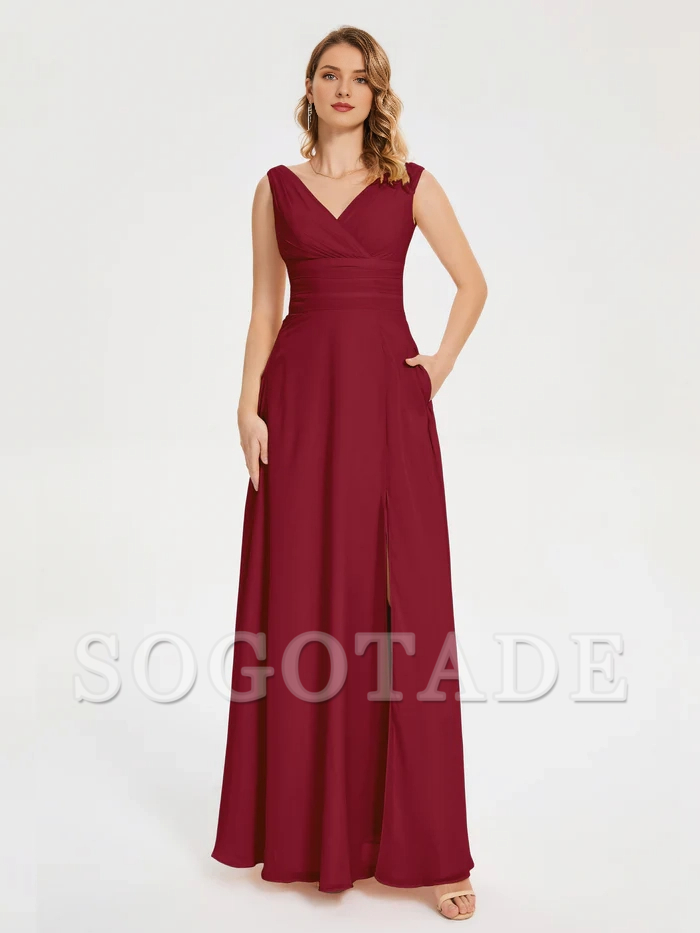 Minimally designed V-neck pocket bridesmaid dress