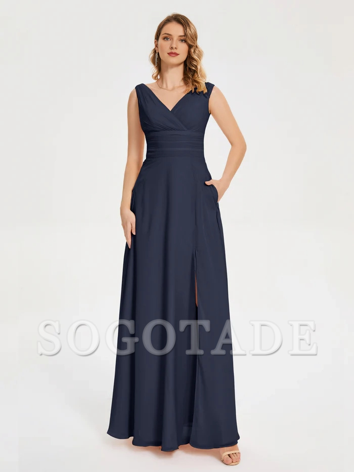 Minimally designed V-neck pocket bridesmaid dress