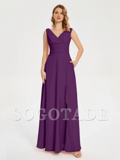 Minimally designed V-neck pocket bridesmaid dress