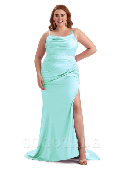 Sexy Jewel Side Slit Mermaid Soft Satin Long Plus Size Bridesmaid Dress For Wedding