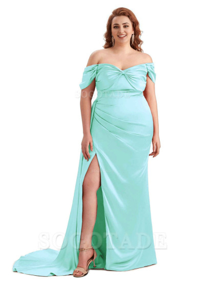 Sexy Side Slit Off The Shoulder Mermaid Soft Satin Long Plus Size Bridesmaid Dress For Wedding