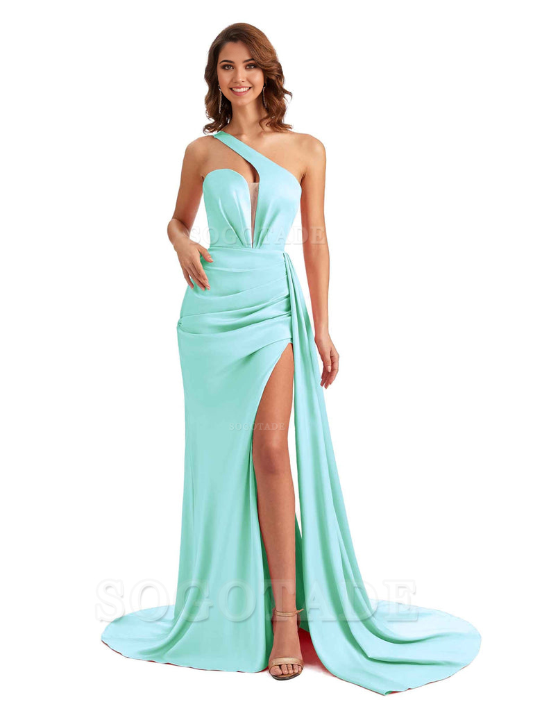 Mermaid One Shoulder Satin formal dresses evening gown Bridesmaid Dresses With Side Slit