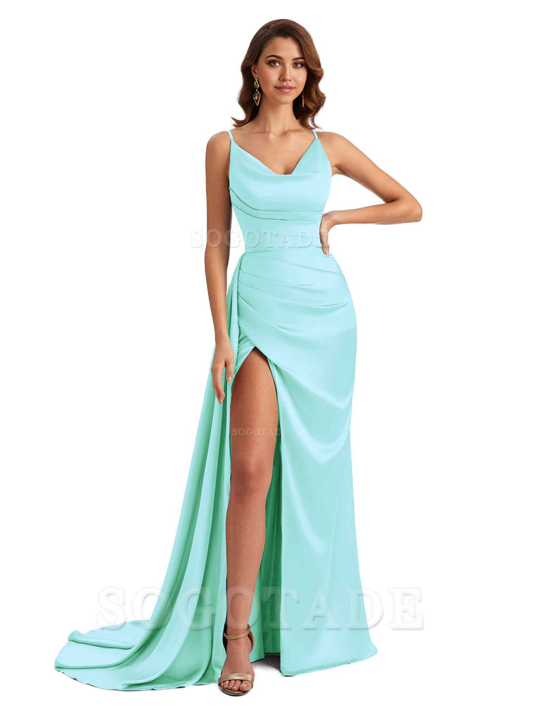 Mermaid Cowl Spaghetti Satin formal dresses evening gown Bridesmaid Dresses With Side Slit
