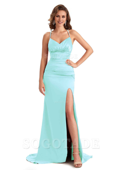 Sexy Mermaid Silky Satin Side Slit One Shoulder Unique Long Wedding Guest Dresses