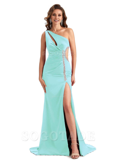 Sexy Side Slit Mermaid Soft Satin One Shoulder Lace Long Bridesmaid Dresses