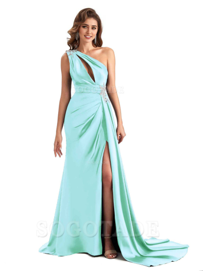Sexy Side Slit Mermaid Soft Satin One Shoulder Lace Long Modern Bridesmaid Dresses