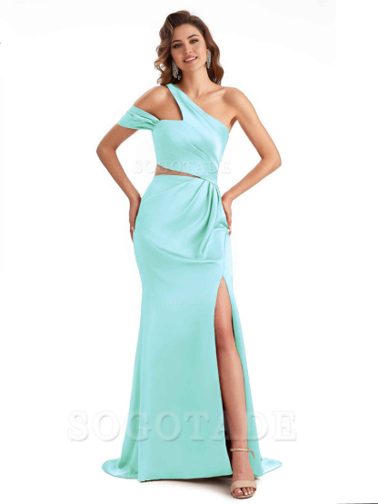 Sexy Side Slit Mermaid Soft Satin One Shoulder Long Unique Bridesmaid Dresses