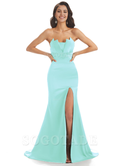 Mermaid sleeveless Satin formal dresses evening gown Bridesmaid Dresses With Side Slit 