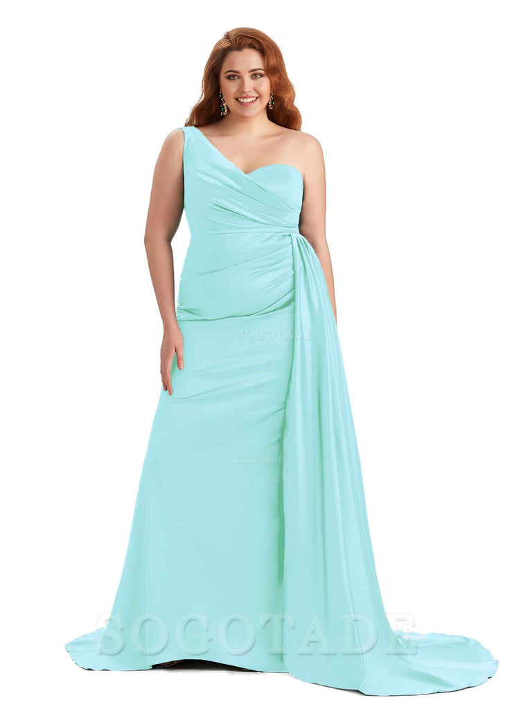 Sexy One Shoulder Sleeveless Mermaid Soft Satin Long Plus Size With Train Bridesmaid Gowns