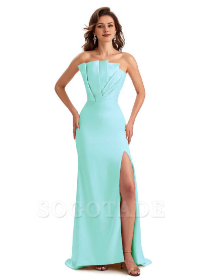 Unique Soft Satin Side Slit Asymmetrical Neckline Mermaid Long Bridesmaid Dresses
