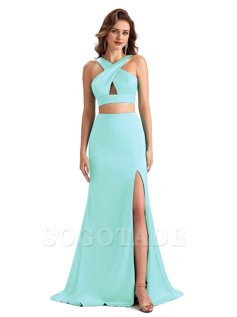 Sexy Side Slit Mermaid Silky Satin Halter Two Pieces Unique Long Bridesmaid Dresses