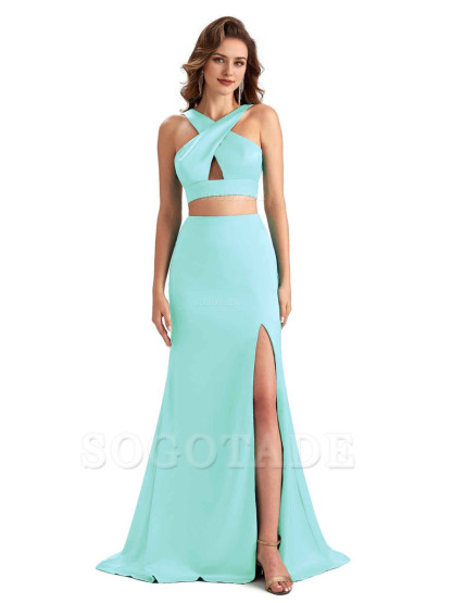 Sexy Side Slit Mermaid Silky Satin Halter Two Pieces Unique Long Bridesmaid Dresses