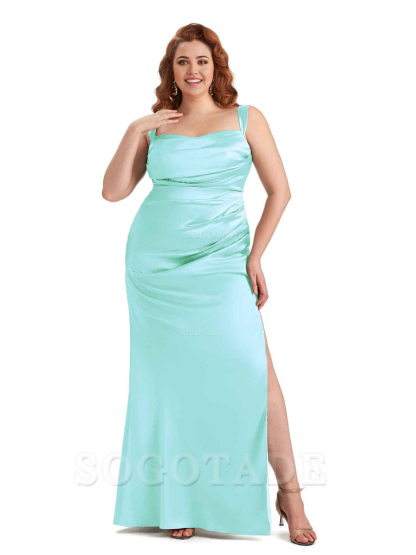 Sexy Side Slit Mermaid Wide Straps Soft Satin Long Plus Size Maid of Bridesmaid Dresses